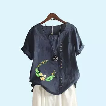 Женская модная блузка с коротким рукавом и принтом, летняя повседневная футболка с круглым воротником из хлопка и льна, свободный топ S белый