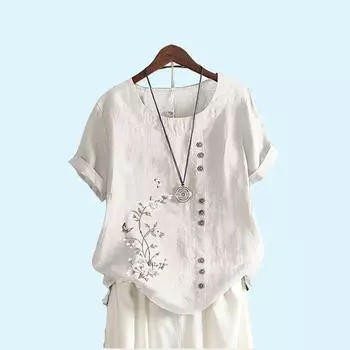 Женская модная блузка с коротким рукавом и принтом, летняя повседневная футболка с круглым воротником из хлопка и льна, свободный топ S белый