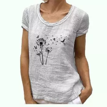 Женская модная блузка с коротким рукавом, весна-лето, повседневная хлопковая льняная футболка, круглый воротник, топ с принтом S розовый