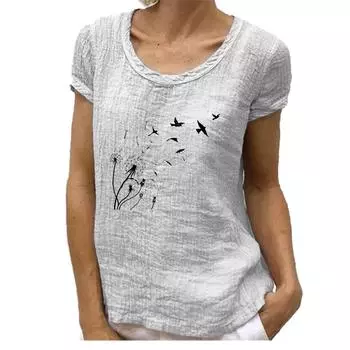 Женская модная блузка с коротким рукавом, весна-лето, повседневная хлопковая льняная футболка, круглый воротник, топ с принтом S розовый