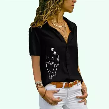 Женская модная блузка с коротким рукавом, женская шифоновая рубашка с принтом на пуговицах S белый