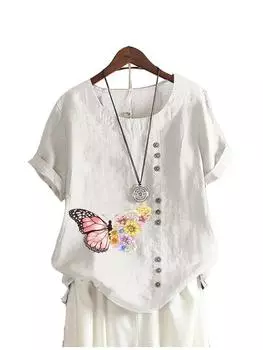 Женская модная блузка с круглым вырезом, футболка с цветочным принтом, летние повседневные топы с короткими рукавами, женские свободные блузки S коричневый