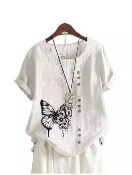 Женская модная блузка с круглым вырезом, футболка с цветочным принтом, летние повседневные топы с короткими рукавами, женские свободные блузки S коричневый