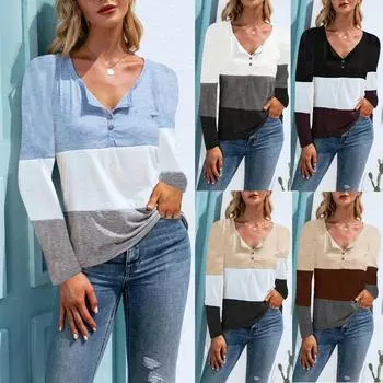 Женская модная блузка с круглым вырезом и длинным рукавом в стиле пэчворк, футболки, топы