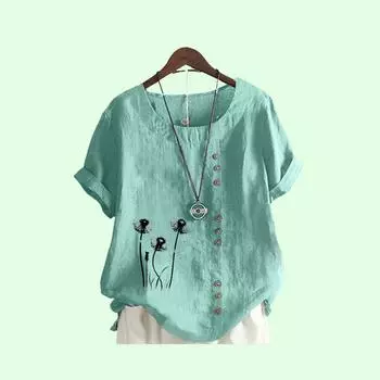 Женская модная блузка с круглым вырезом, летняя хлопковая футболка Liene, пуловер Laides, свободный топ с коротким рукавом и принтом S коричневый