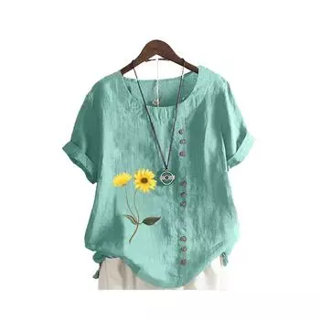 Женская модная блузка с круглым вырезом, летняя хлопковая футболка Liene, пуловер Laides, свободный топ с коротким рукавом и принтом S коричневый