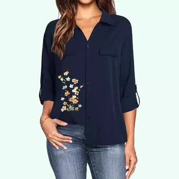 Женская модная блузка с отложным воротником, весна-лето, тонкий топ с длинным рукавом, женская рубашка с цветочным принтом и карманом S белый