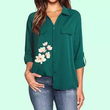 Женская модная блузка с отложным воротником, весна-лето, цветочный принт, длинный рукав, женская повседневная тонкая рубашка с карманом S белый