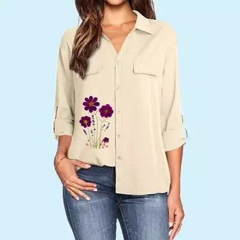 Женская модная блузка с отложным воротником, весна-лето, тонкий топ с длинным рукавом, женская рубашка с цветочным принтом и карманом S белый