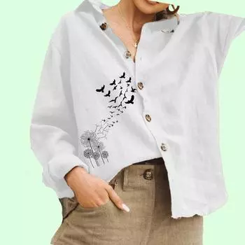 Женская модная блузка с отложным воротником, женская повседневная рубашка с цветочным принтом из хлопка и льна на пуговицах S белый