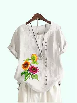 Женская модная блузка с принтом, летняя повседневная футболка с коротким рукавом, женская футболка с круглым вырезом, свободные блузки больших размеров S коричневый