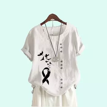 Женская модная блузка с принтом, летняя повседневная хлопковая льняная футболка, пуловер, свободный топ с коротким рукавом S белый
