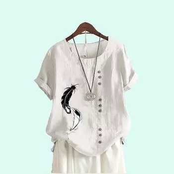 Женская модная блузка с принтом, летняя повседневная хлопковая льняная футболка, пуловер, свободный топ с коротким рукавом S белый