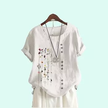 Женская модная блузка с принтом, летняя повседневная хлопковая льняная футболка, пуловер, свободный топ с коротким рукавом S белый