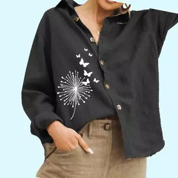 Женская модная блузка с принтом, женская хлопковая льняная рубашка с длинным рукавом, повседневная рубашка на пуговицах S белый