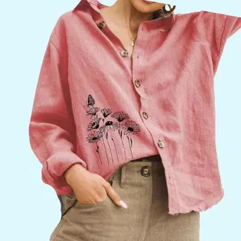 Женская модная блузка с принтом, женская хлопковая льняная рубашка с длинным рукавом, повседневная рубашка на пуговицах S белый