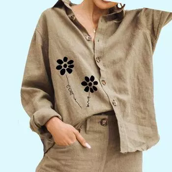 Женская модная блузка с принтом, женская хлопковая льняная рубашка с длинным рукавом, повседневная тонкая рубашка S белый