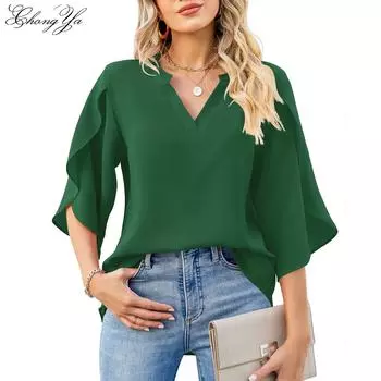 Женская модная блузка с рукавами-лепестками в Европе и США, свободная шифоновая рубашка с v-образным вырезом, летняя свободная женская блузка с v-образным вырезом S серый