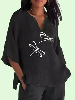 Женская модная блузка с v-образным вырезом и принтом 3/4, хлопковая льняная рубашка с длинными рукавами, женский пуловер, свободные топы S синий