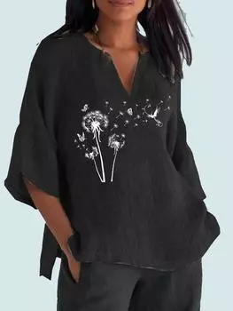 Женская модная блузка с v-образным вырезом и принтом 3/4, хлопковая льняная рубашка с длинными рукавами, женский пуловер, свободные топы 2XL синий