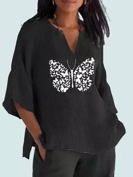 Женская модная блузка с v-образным вырезом и принтом 3/4, хлопковая льняная рубашка с длинными рукавами, женский пуловер, свободные топы 2XL синий