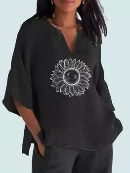 Женская модная блузка с v-образным вырезом и принтом 3/4, хлопковая льняная рубашка с длинными рукавами, женский пуловер, свободные топы 2XL синий