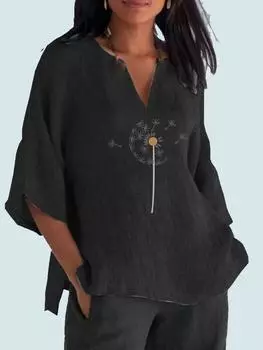 Женская модная блузка с v-образным вырезом и принтом 3/4, хлопковая льняная рубашка с длинными рукавами, женский пуловер, свободные топы 2XL синий