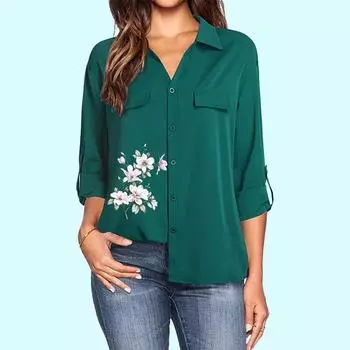 Женская модная блузка с воротником-лацканами, весна-лето, цветочный принт, длинный рукав, топ с карманом, женская повседневная тонкая рубашка S белый