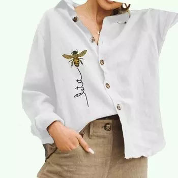 Женская модная блузка с воротником-лацканом, женская повседневная рубашка из хлопка и льна с принтом на пуговицах S белый