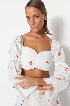 Женская модная блузка с вырезом в форме сердца, длинная белая блузка с фруктовым узором, тканая блузка с вышивкой