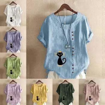 Женская модная черная футболка с коротким рукавом с принтом «кошка», свободная хлопковая рубашка, повседневная свободная летняя блузка, топы больших размеров S розовый