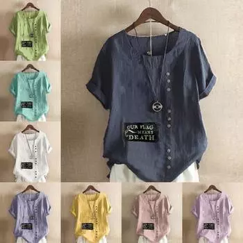 Женская модная черная футболка с круглым вырезом и коротким рукавом с принтом и баннером, повседневная рубашка из хлопка и льна с графическим принтом, свободная летняя блузка для отдыха, топы S розовый