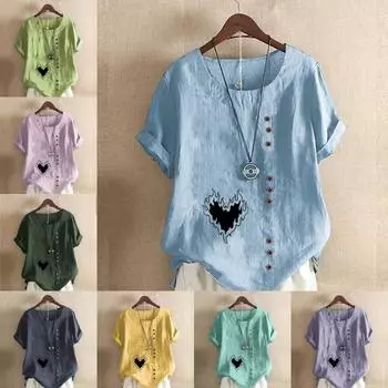 Женская модная черная футболка с круглым вырезом и коротким рукавом с принтом в виде сердца, повседневная рубашка из хлопка и льна с рисунком, свободная летняя блузка для отдыха, топы S розовый