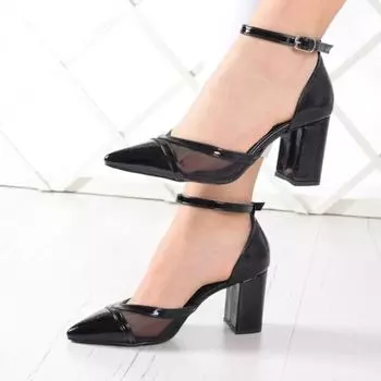 Женская модная черная лакированная кожаная сетчатая обувь на толстом каблуке Классическая обувь на каблуке