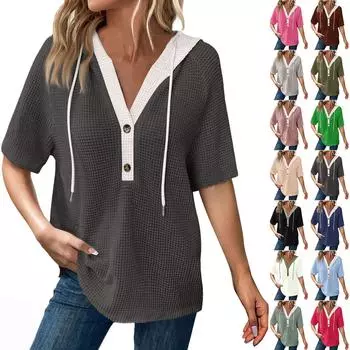 Женская модная цветная трикотажная толстовка с капюшоном на шнурке с коротким рукавом и V-образным вырезом с капюшоном L армия зеленый