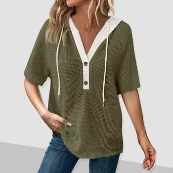 Женская модная цветная трикотажная толстовка с капюшоном на шнурке с коротким рукавом и V-образным вырезом с капюшоном S чёрный