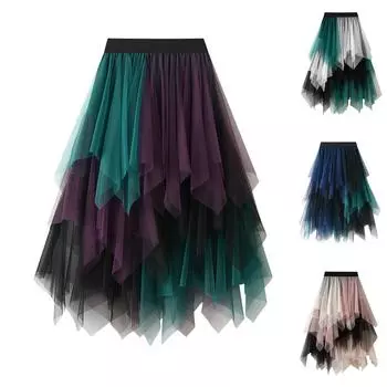 Женская модная цветная юбка с эластичной талией и неровной сеткой, полудлинная One Size синий