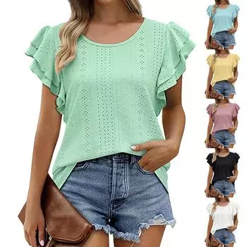 Женская модная дизайнерская футболка с люверсами, полыми рукавами с рюшами, сексуальный повседневный топ L чёрный