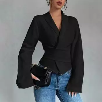 Женская модная дизайнерская рубашка с длинным рукавом и лацканами S чёрный