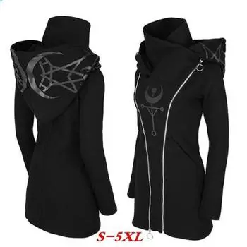 Женская модная длинная толстовка с капюшоном, черная готическая куртка с двойной молнией и пальто с принтом, толстовка с капюшоном в стиле панк S чёрный