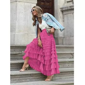 Женская модная длинная юбка из тюля высшего качества с высокой длинной талией и длинная юбка из тюля для женщин S розы красного