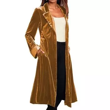 Женская модная длинная ветровка из золотого бархата на осень-зиму, элегантный вязаный кардиган с длинным рукавом и лацканами, теплая куртка S чёрный