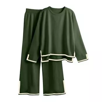 Женская модная домашняя одежда, вязаный свитер с длинными рукавами и широкими брюками, повседневный комплект L армия зеленый