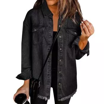Женская модная джинсовая куртка-рубашка с пуговицами и прорезным подолом, повседневная куртка с длинным рукавом L чёрный