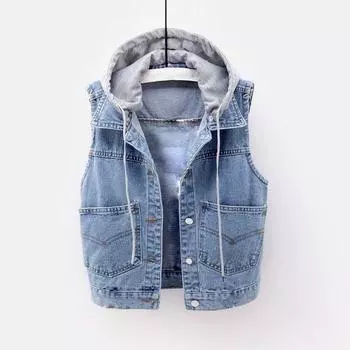 Женская модная джинсовая куртка с капюшоном, жилет, женский короткий жилет, пальто без рукавов S светло-синий