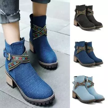 Женская модная джинсовая обувь на толстом каблуке на молнии, зимние сапоги с круглым носком в западном стиле 38 синий