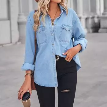 Женская модная джинсовая осенне-зимняя повседневная куртка-поло с длинными рукавами и воротником с лацканами M темно-синий