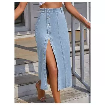 Женская модная джинсовая юбка с высокой талией и разрезом, длинная джинсовая юбка L чёрный