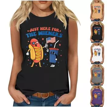 Женская модная футболка без рукавов с круглым вырезом и принтом ко Дню независимости L чёрный