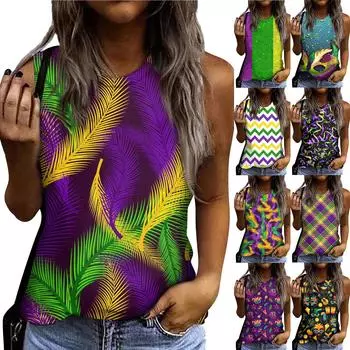 Женская модная футболка без рукавов с круглым вырезом и карнавальным принтом для отдыха XL зелёный